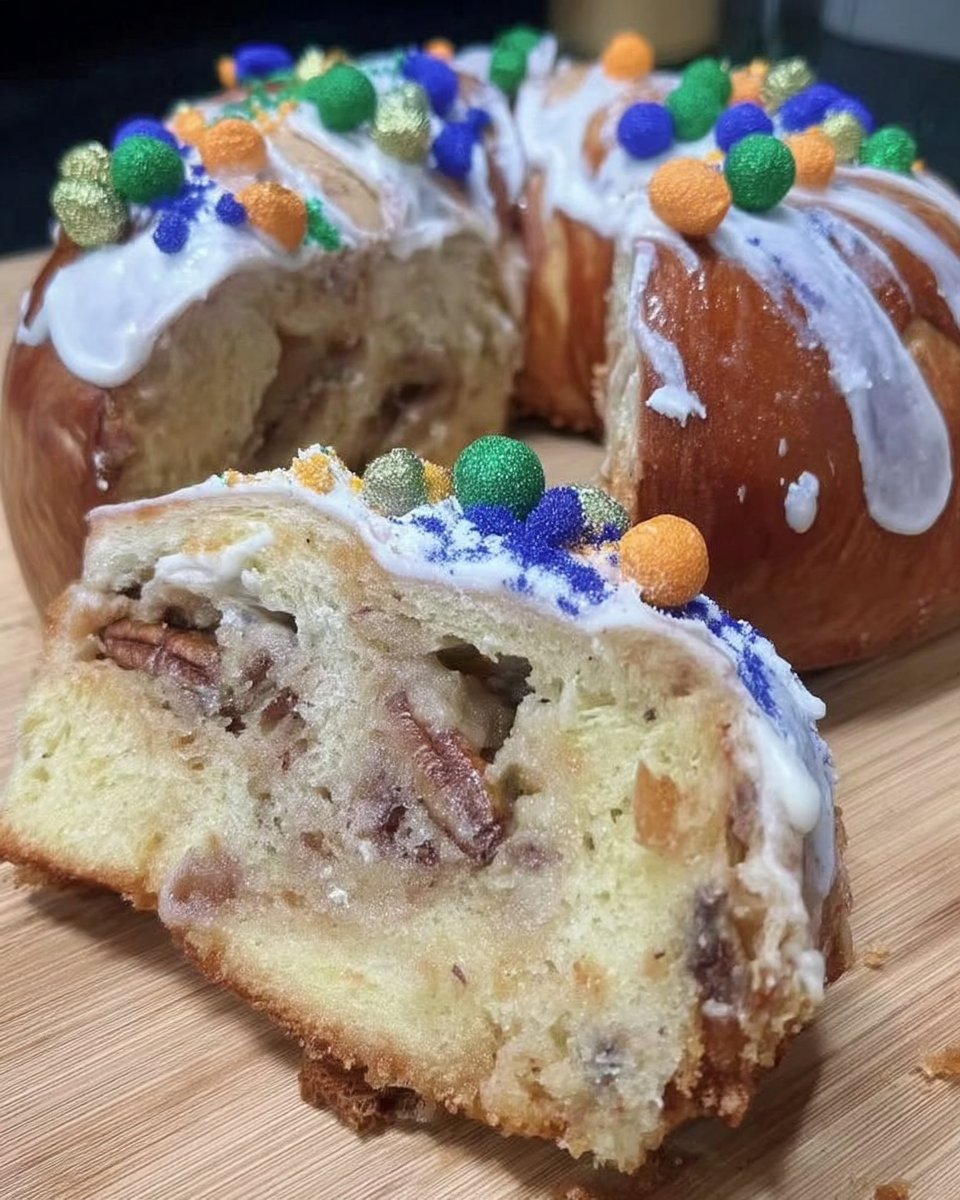 Slice of king cake showing the cinnamon swirl and tender crumb