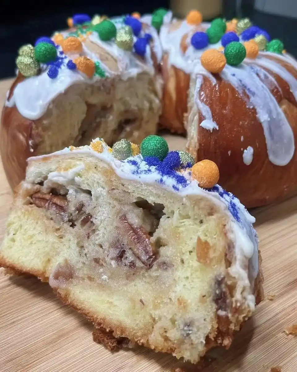 King Cake 14 Slice of king cake showing the cinnamon swirl and tender crumb