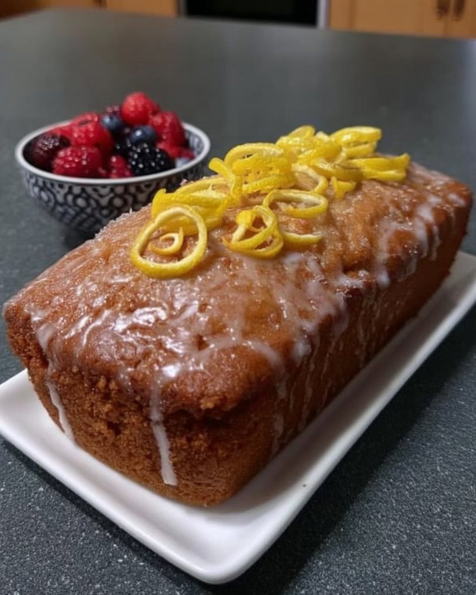 Two slices of lemon drizzle cake on a ceramic plate with a fork