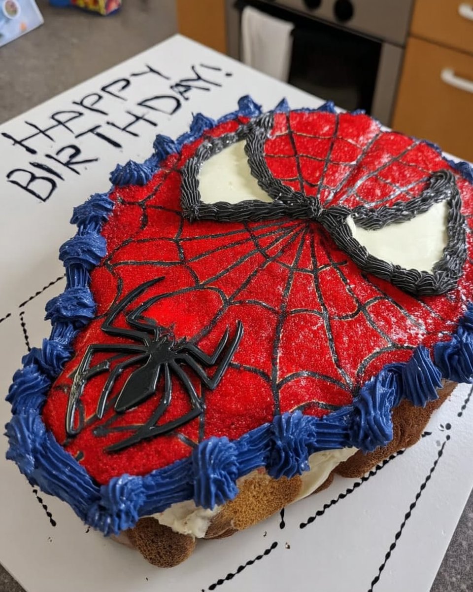 Slice of spider man cake showing moist crumb and fondant layer