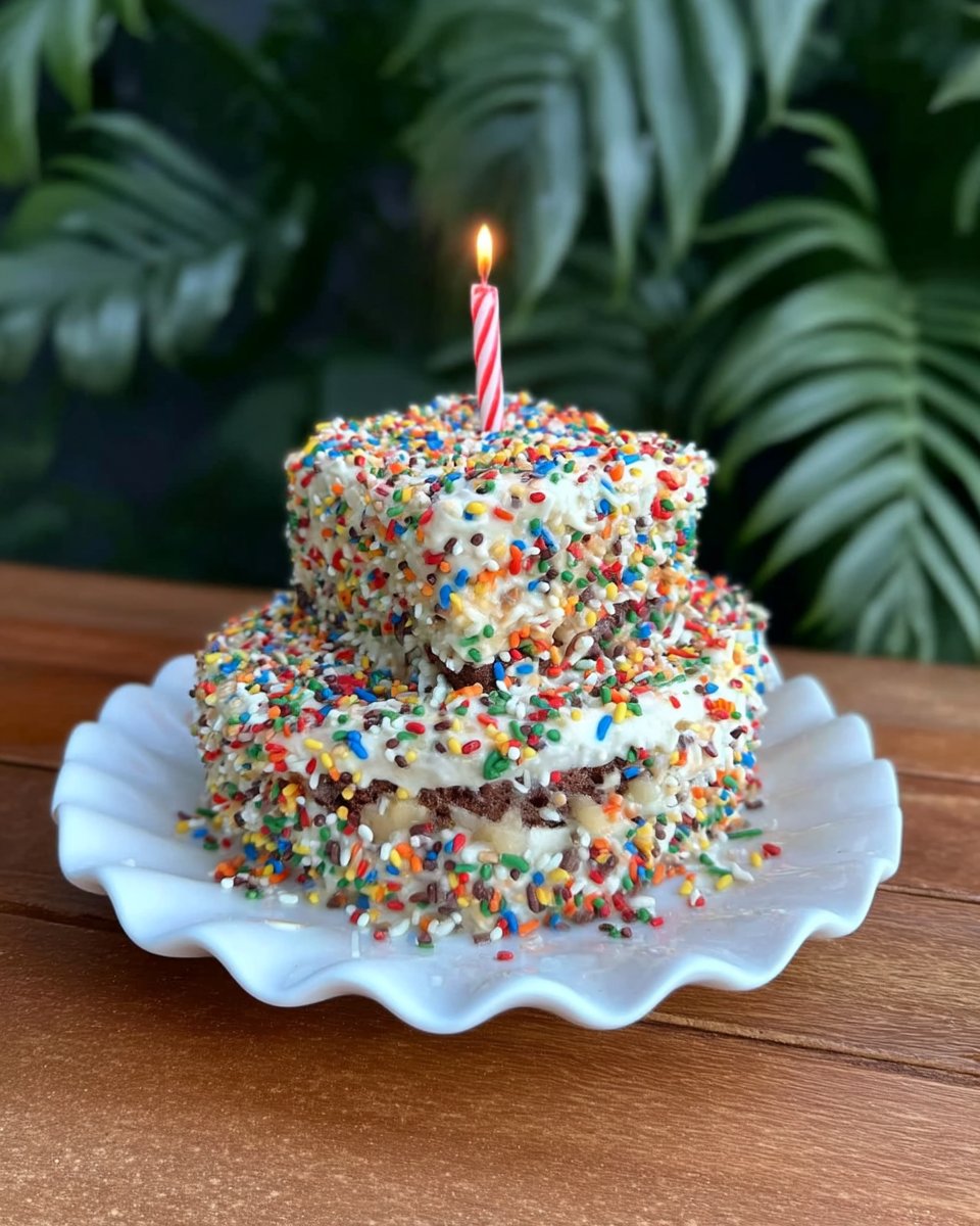Finished smash cake with white frosting and colorful sprinkles