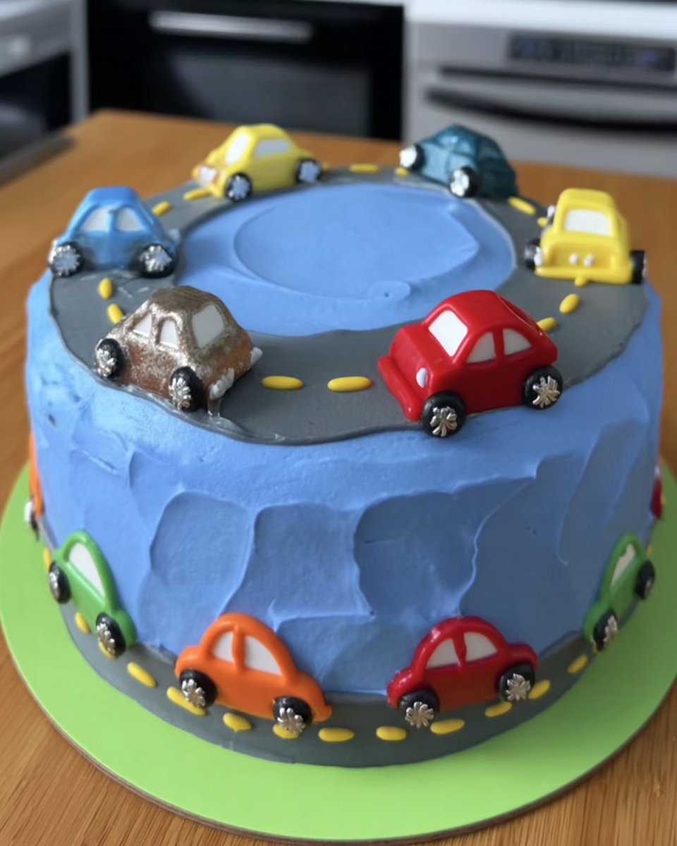 Smoothing blue buttercream on cake with bench scraper