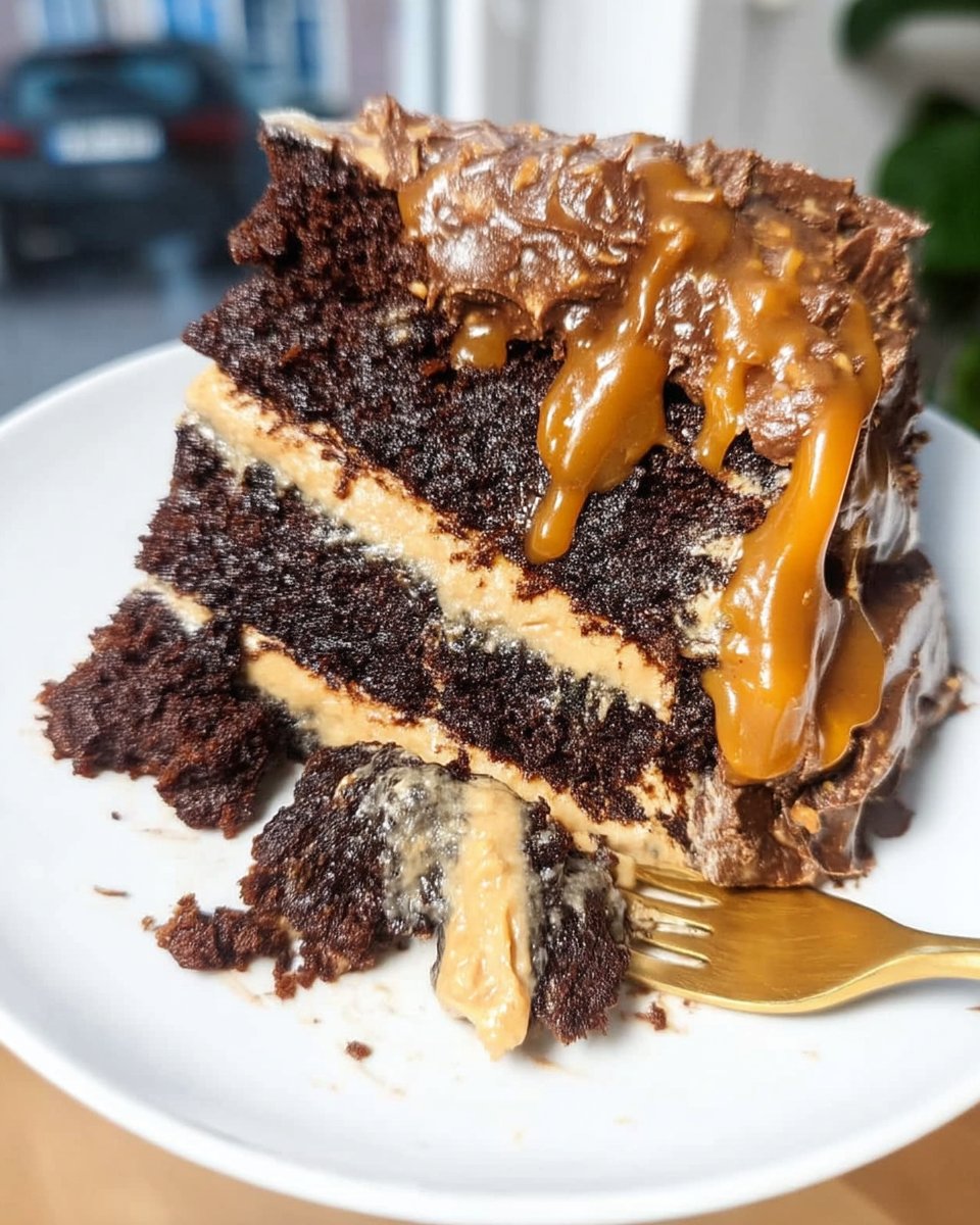 Slice of Snickers cake showing precise chocolate sponge and peanut caramel layers