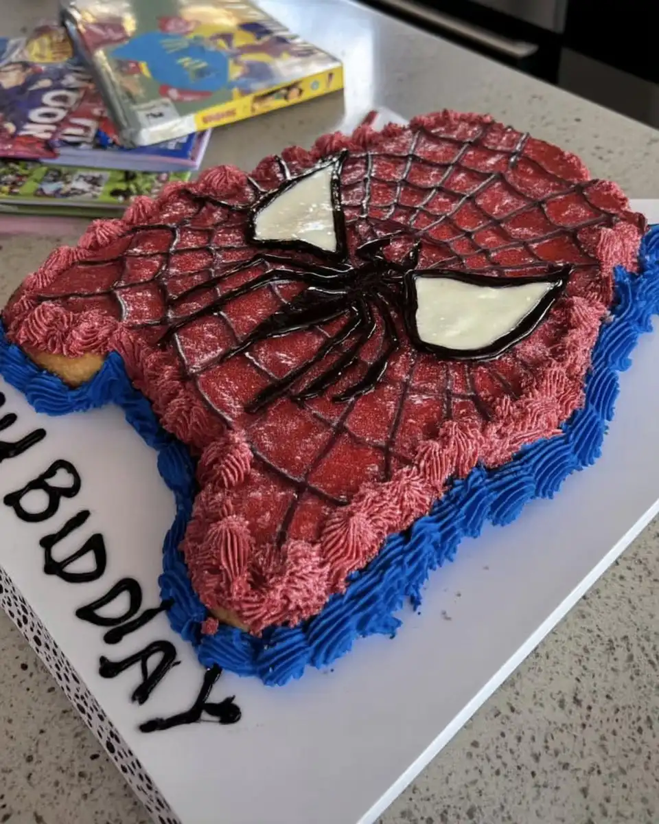 Spider Man Cake 10 Spider Man face cake covered in red fondant with white eyes