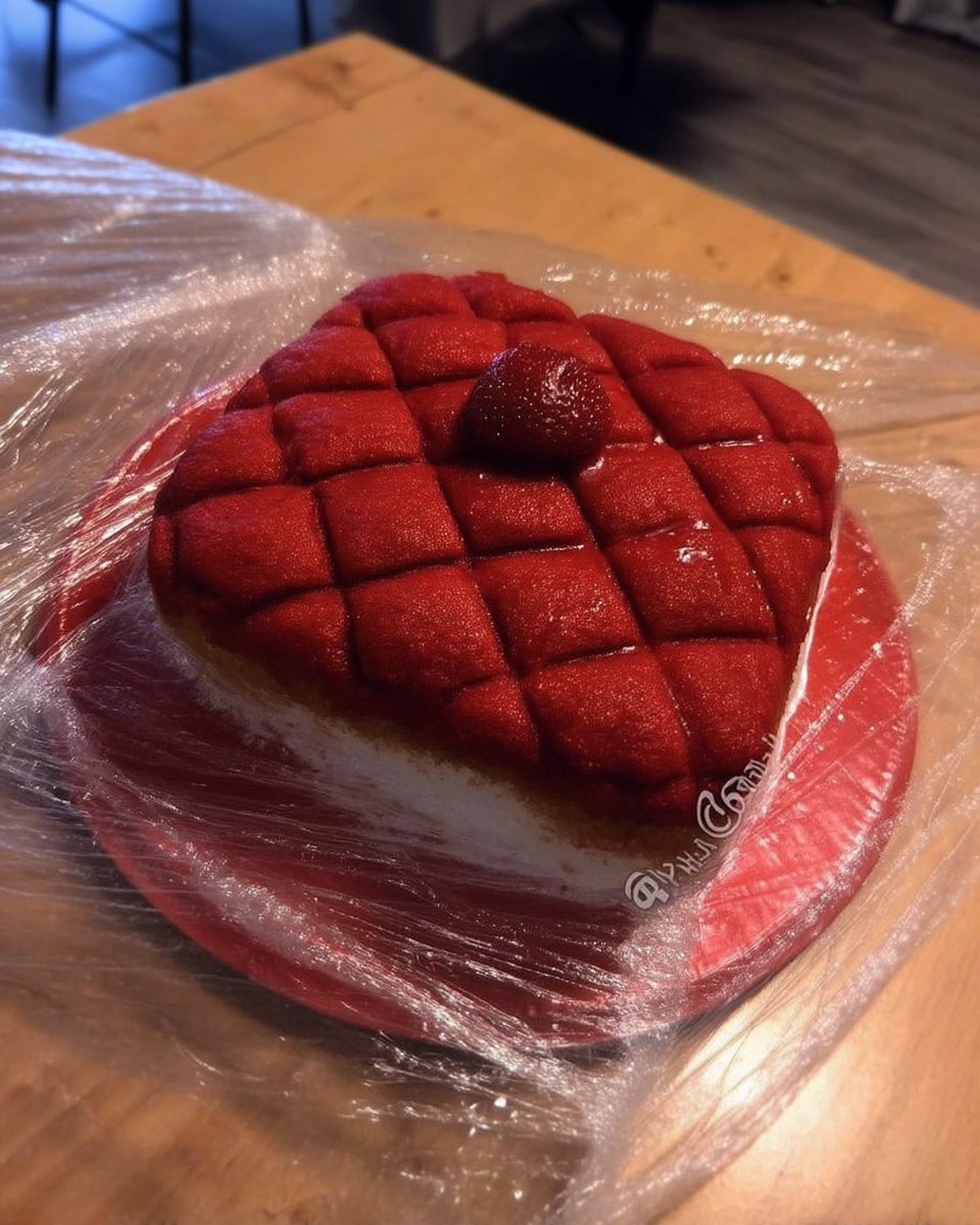 Spraying a frozen mousse cake with red velvet chocolate spray inside a protective box