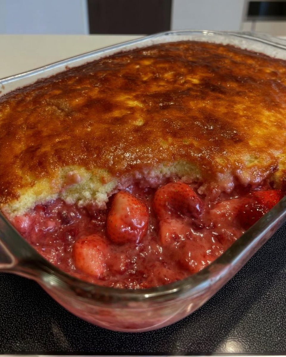 Bowl of strawberry puree and cake ingredients on a table