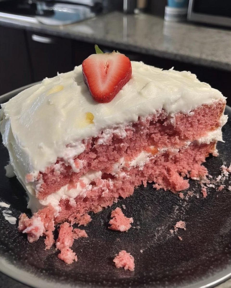 Whole strawberry cake served with a cup of tea