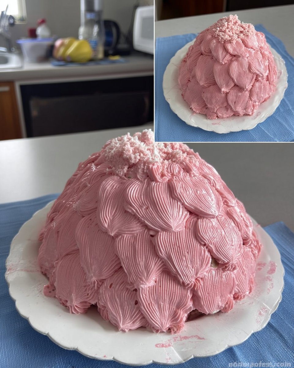 Pink doll cake with piped whipped cream dress and strawberry sponge base