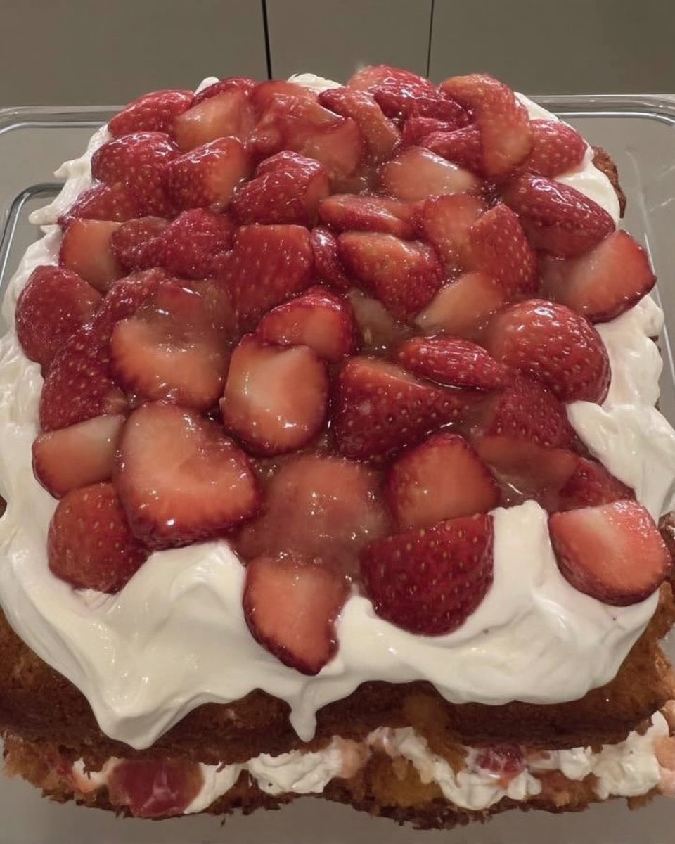 Slice of strawberry poke cake showing red gelatin veins and whipped topping