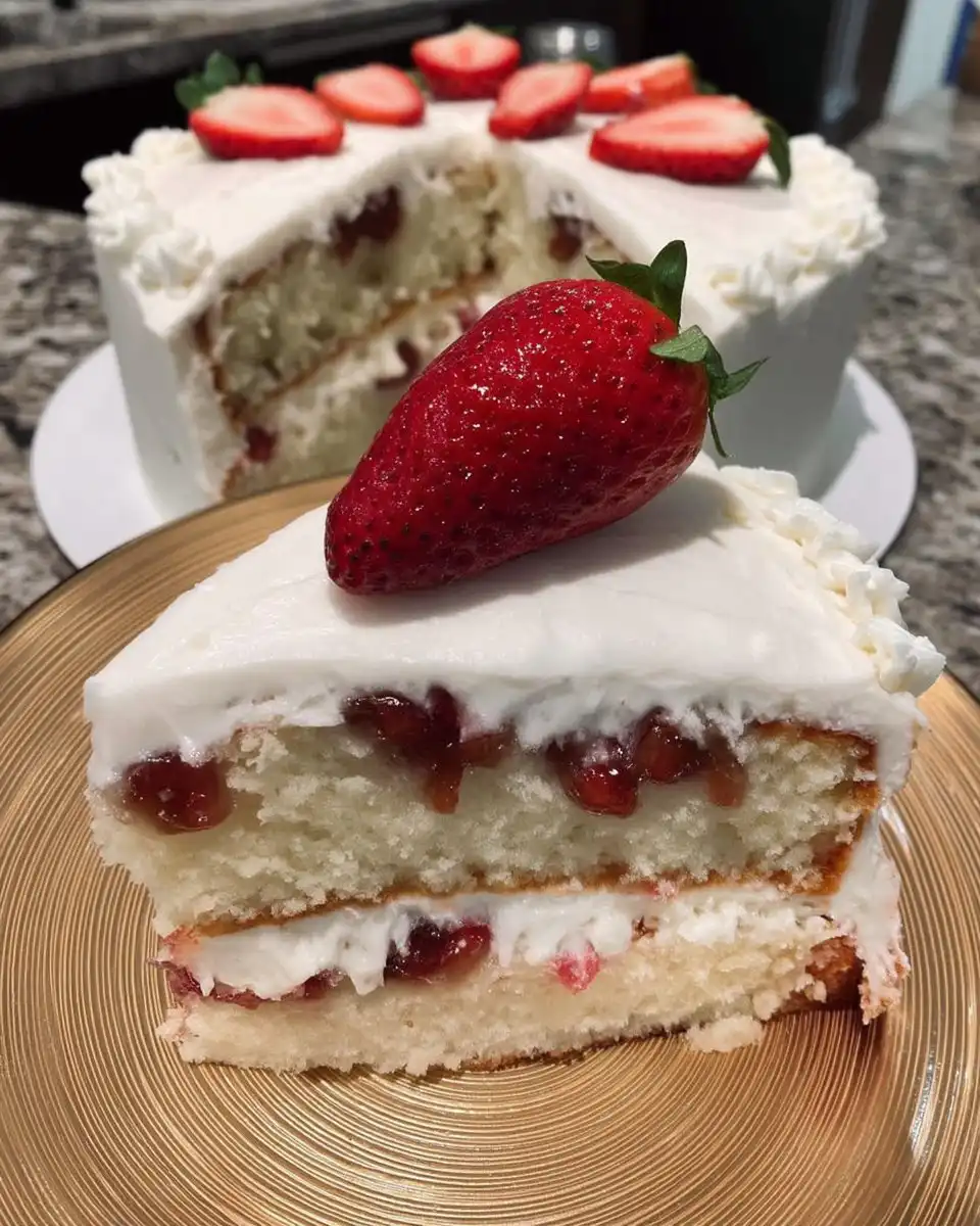 Strawberry Vanilla Cake 10 Slice of moist strawberry vanilla cake on a ceramic plate