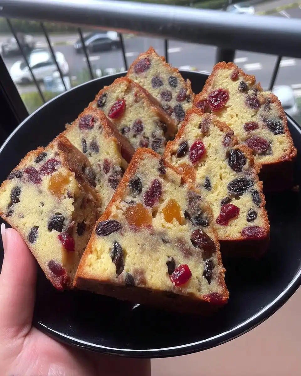 Fruit Cake 10 Close up of rich fruit cake slice showing moist crumb and currants