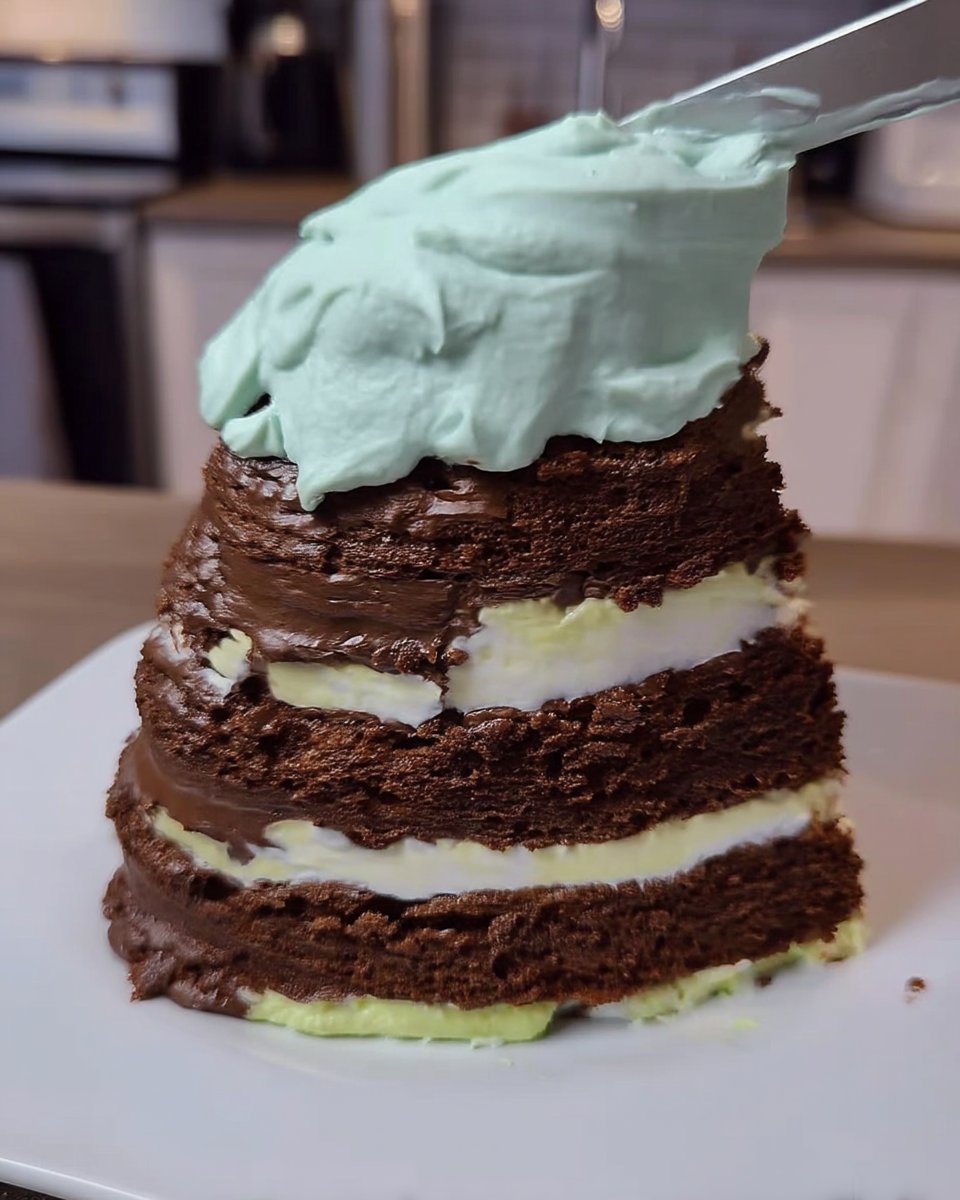 Ingredients for tsunami cake including cake layers cream and blue candy melts