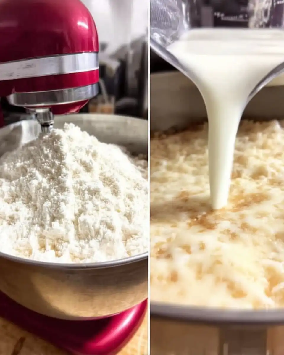 Creamy vanilla cake batter in a mixing bowl