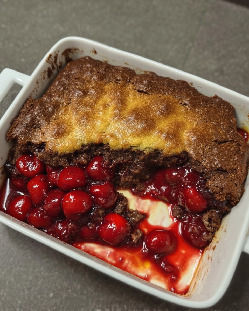 Warm chocolate cherry dump cake served with vanilla ice cream