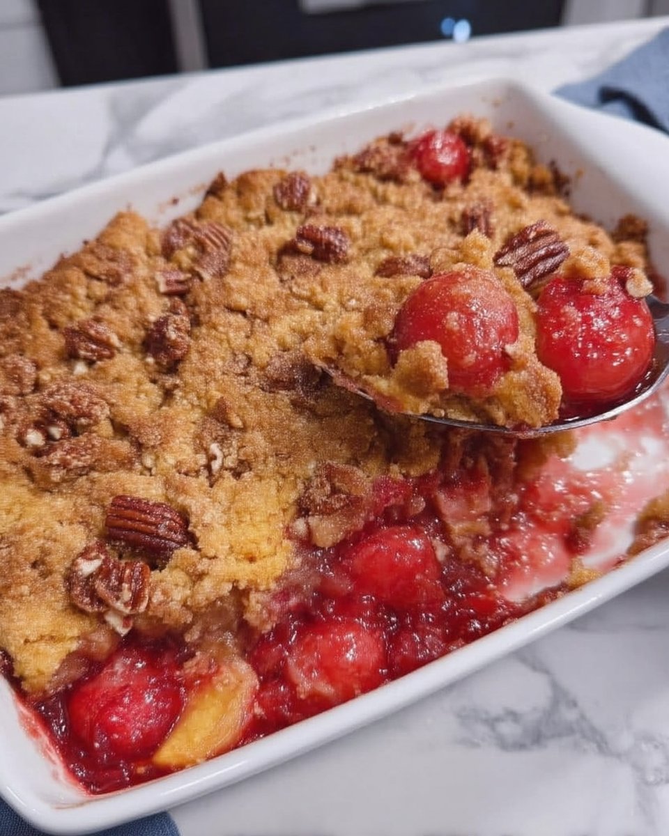 Warm dump cake served in bowl with melting vanilla ice cream