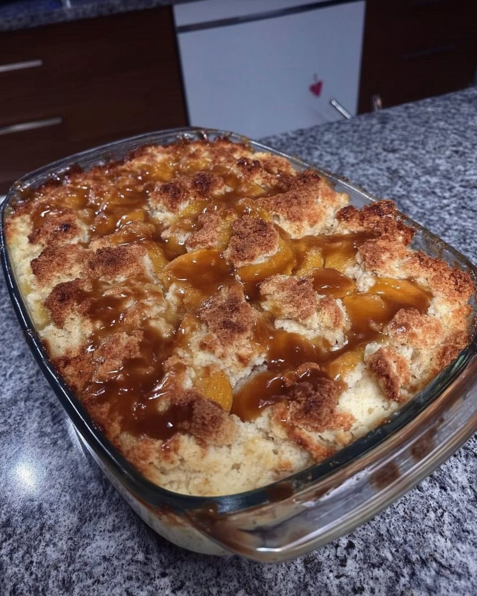 Warm peach cake served with vanilla ice cream