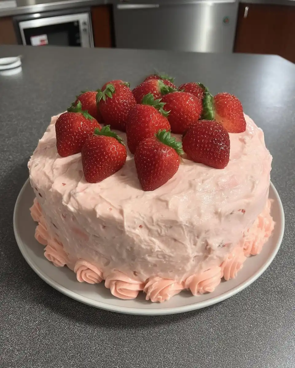 Electric mixer beating pink strawberry frosting in a bowl
