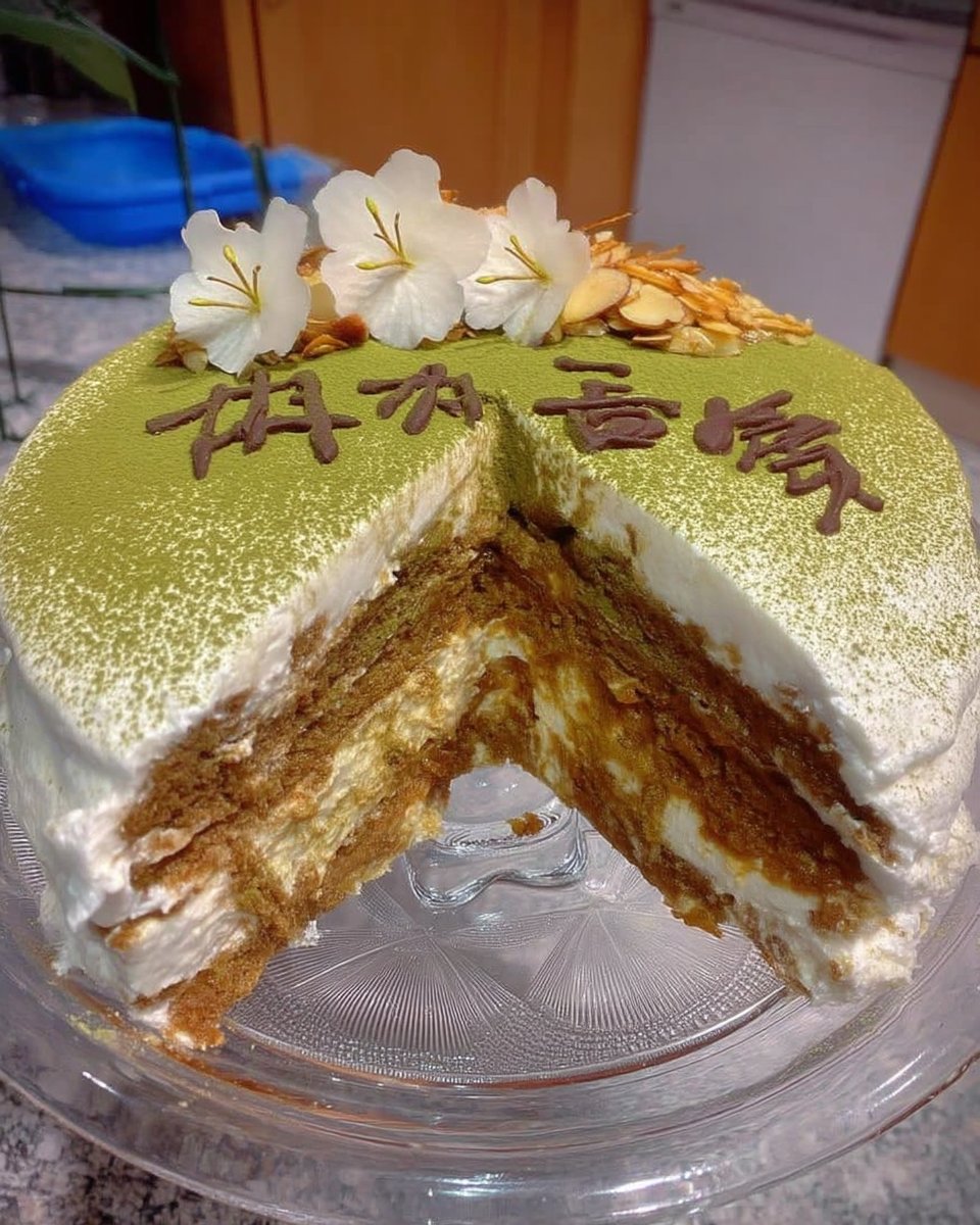 Whole frosted green cake served with a cup of tea