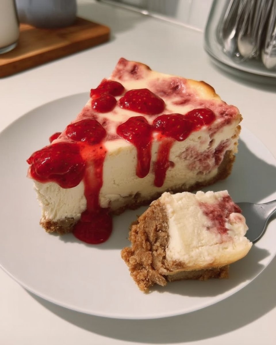 Whole strawberry cheesecake topped with strawberries on a serving platter
