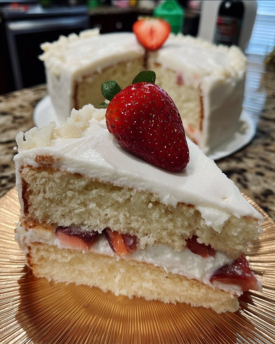 Whole frosted strawberry vanilla cake on a cake stand