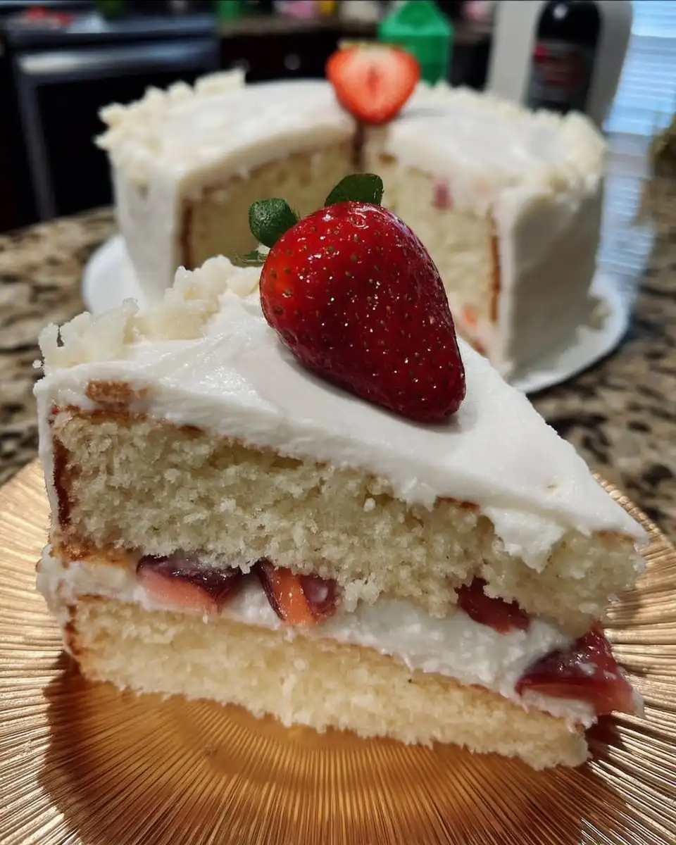 Strawberry Vanilla Cake 14 Whole frosted strawberry vanilla cake on a cake stand