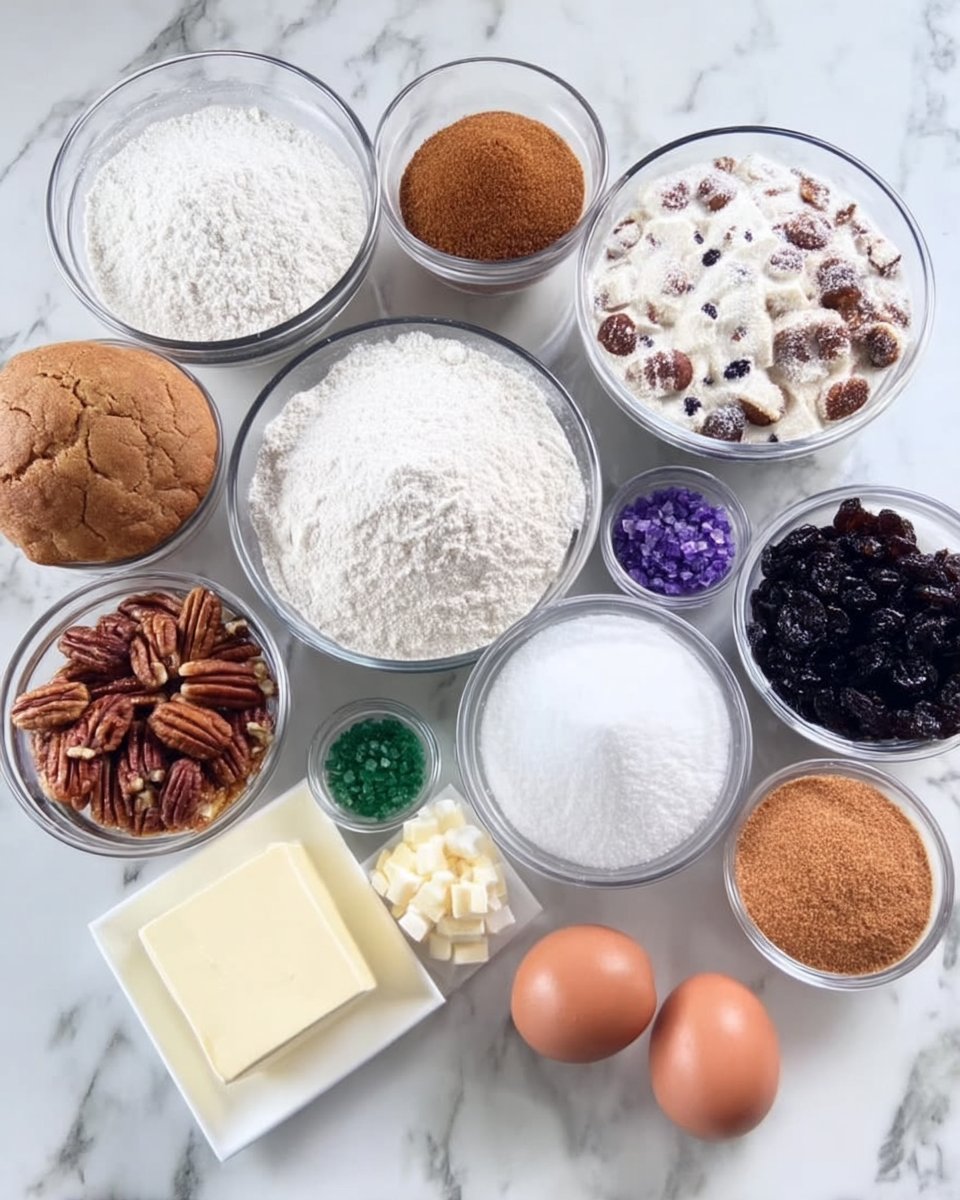 Ingredients for king cake including yeast flour butter and pecans