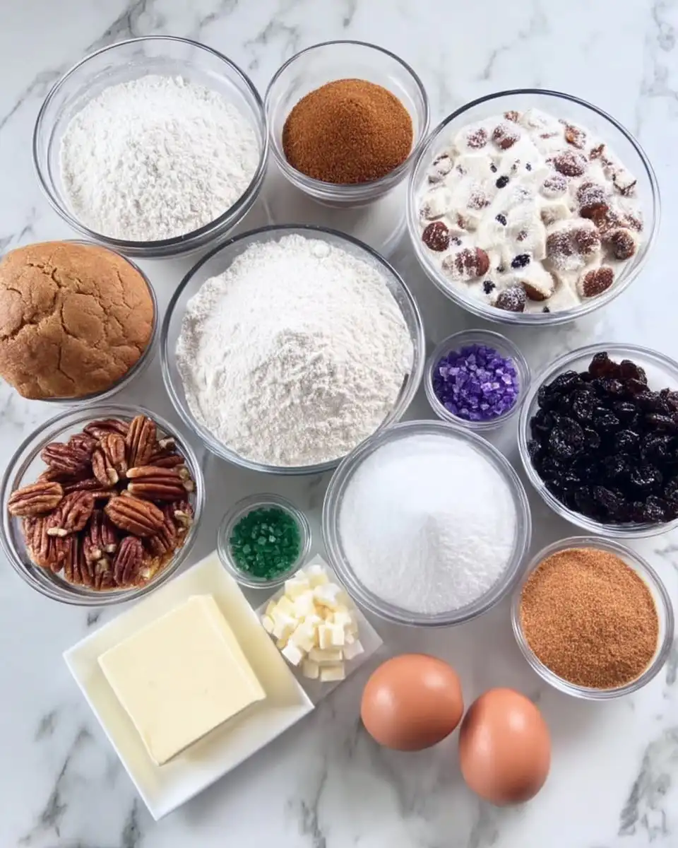 King Cake 12 Ingredients for king cake including yeast flour butter and pecans