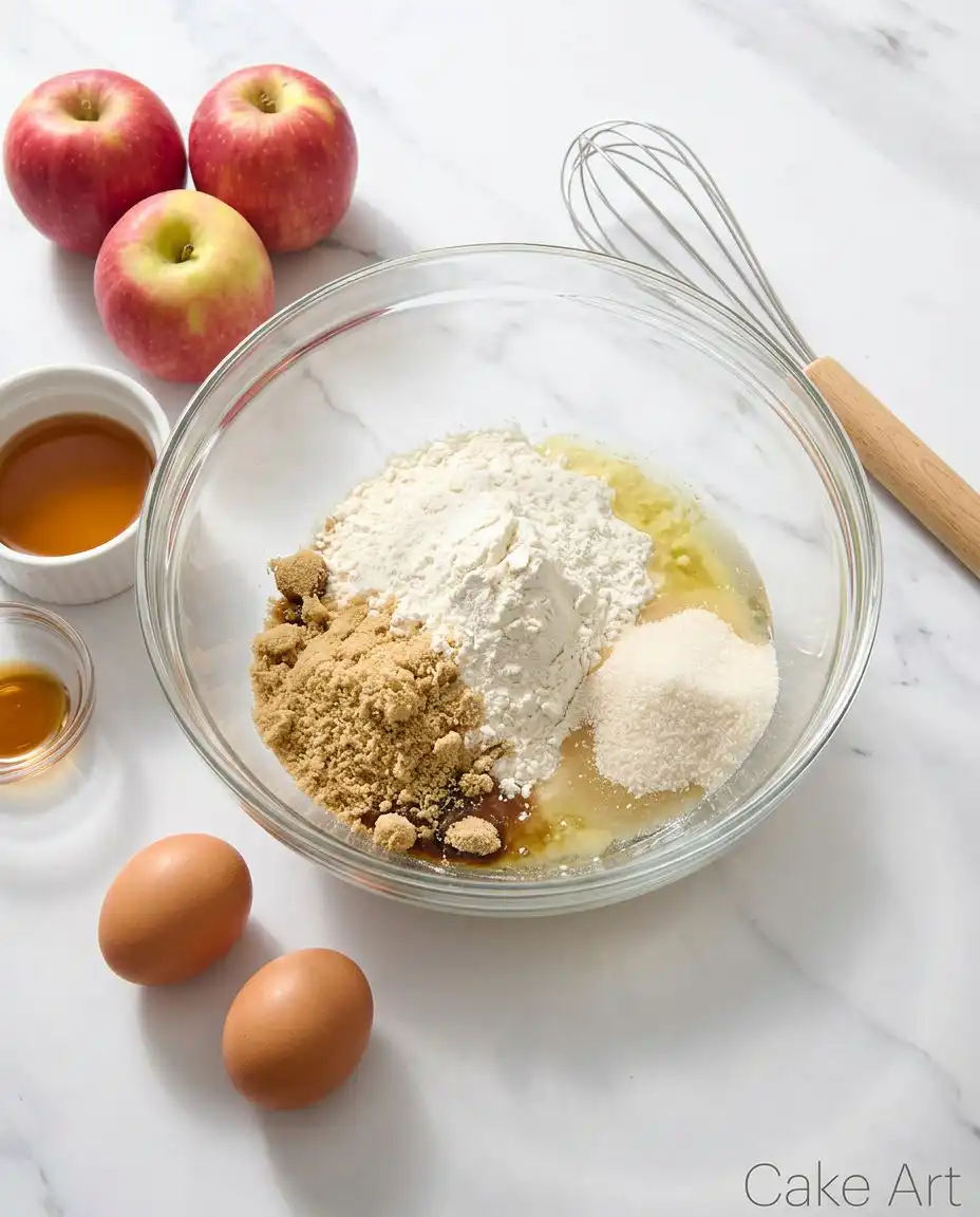 Mise en place for apple cake with measured flour, butter, and diced apples