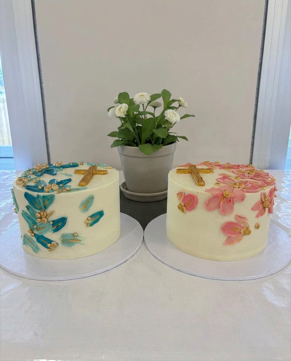 A close up shot of a white baptism cake with a light and airy vanilla crumb