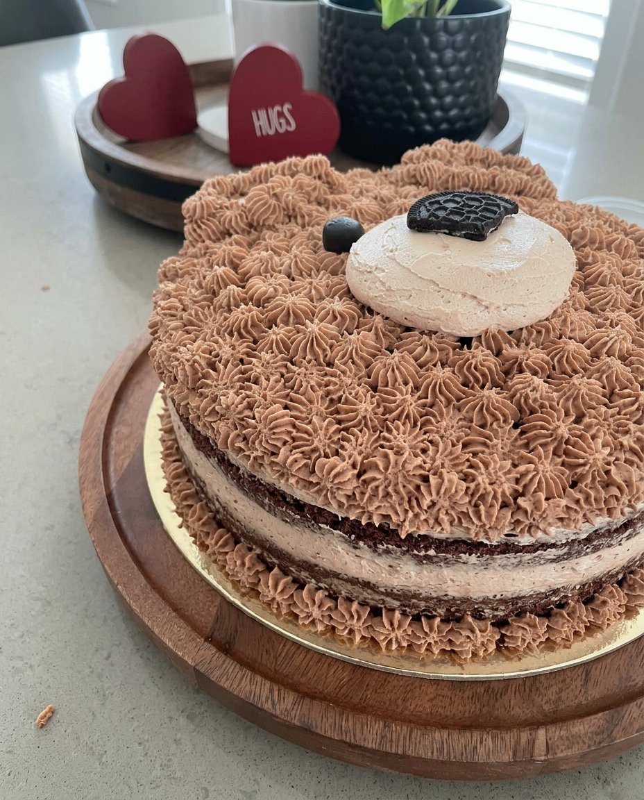 A completed bear cake showing the star-piped fur texture and chocolate chip cookie ears.