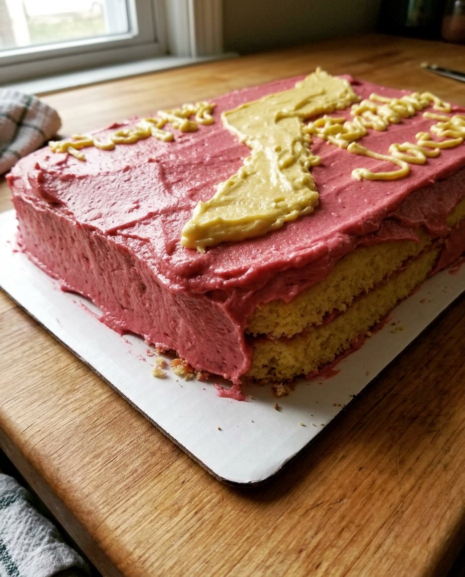 A close up of a three layer birthday cake showing a perfect crumb structure