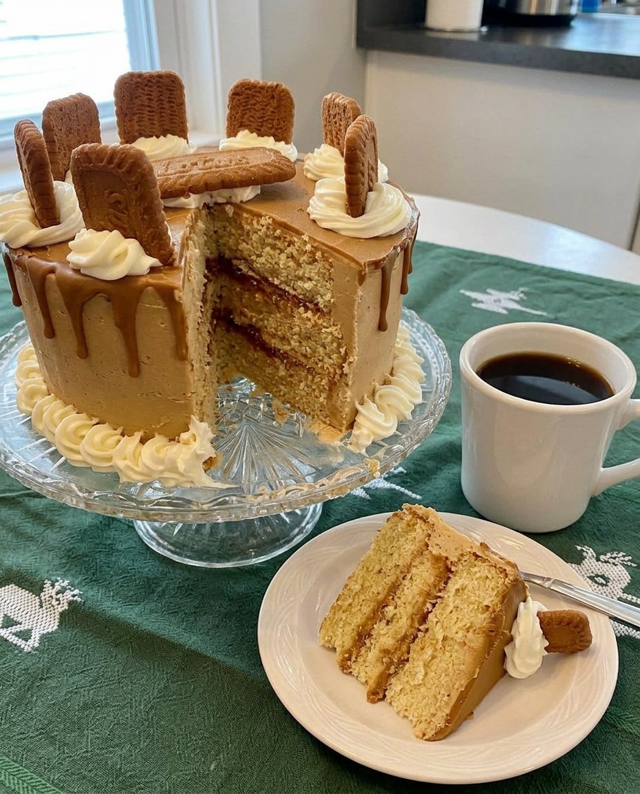 Close up of a Biscoff Cake slice showing the moist crumb and biscuit pieces.