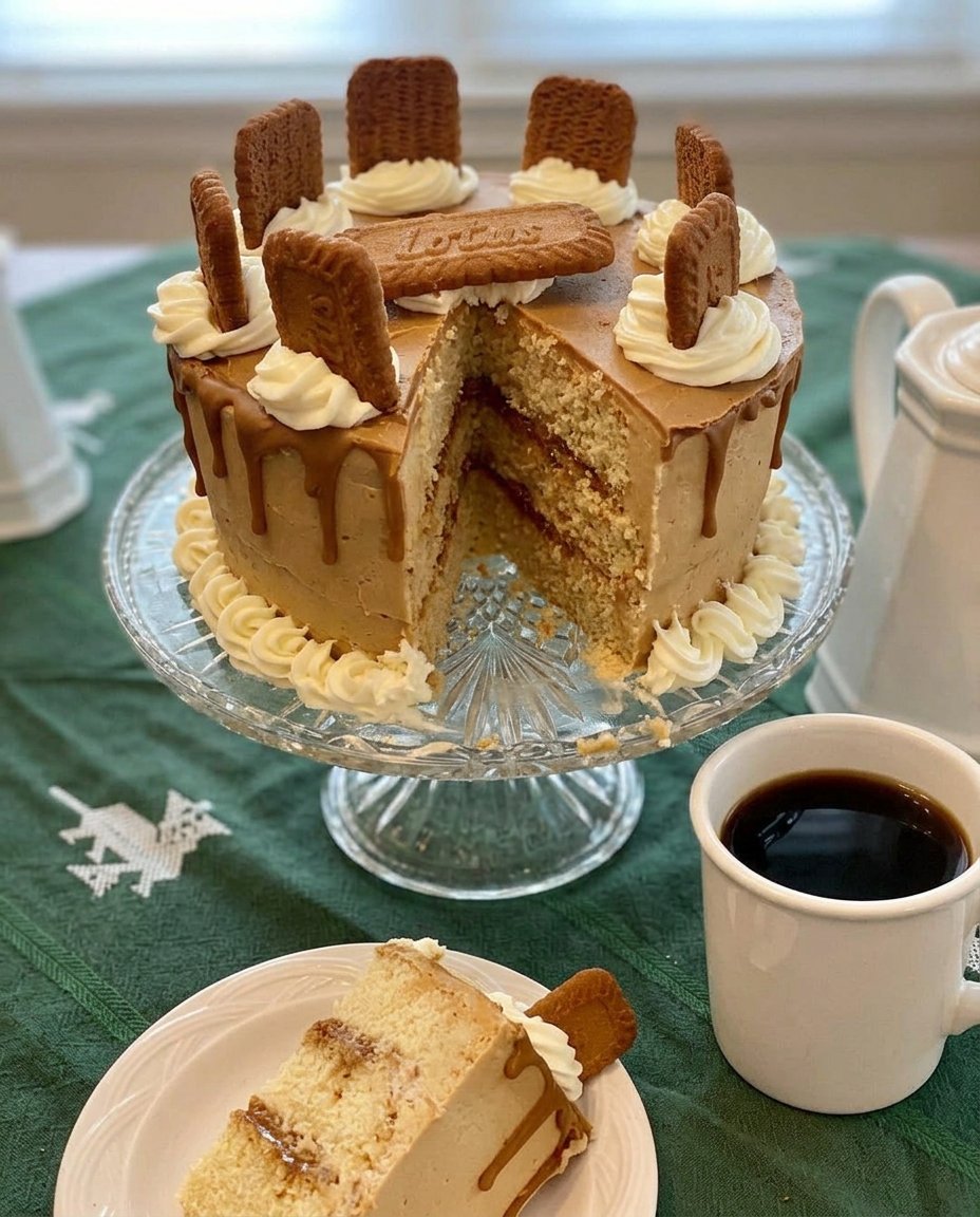 A perfectly sliced Biscoff Cake on a stand with clean layers.