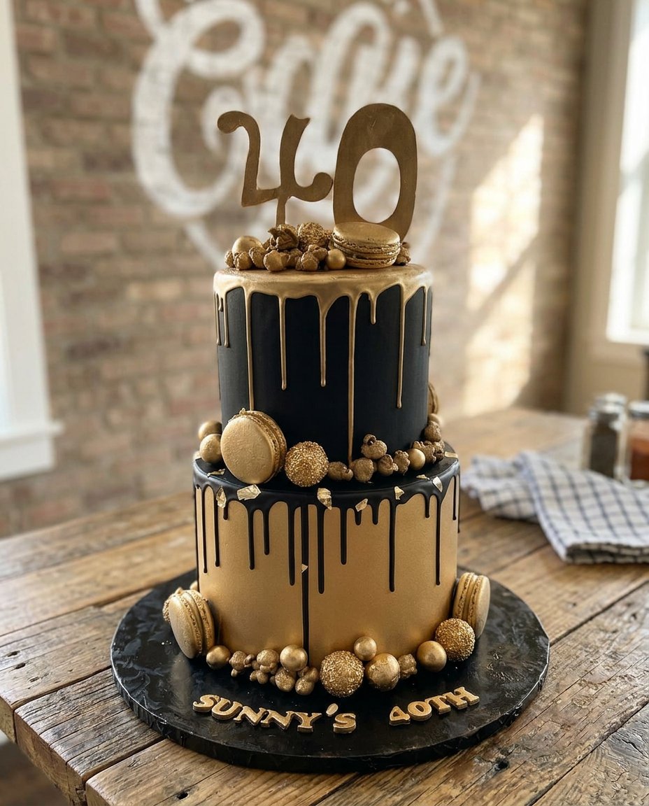 A four-layer black chocolate cake with a gold ganache drip and gold candies spilling from the center.
