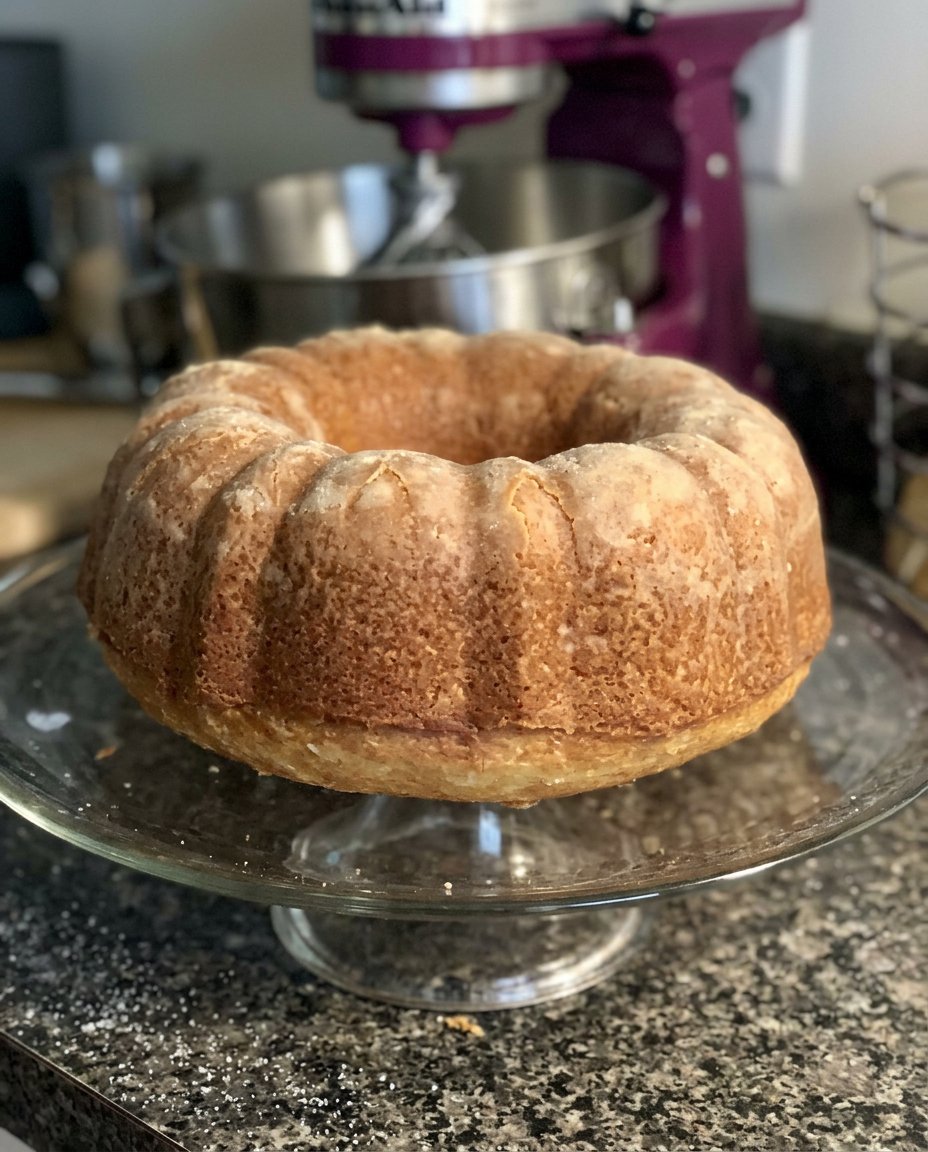 A whole square brown cake in a pan with a sparkling sugar topping