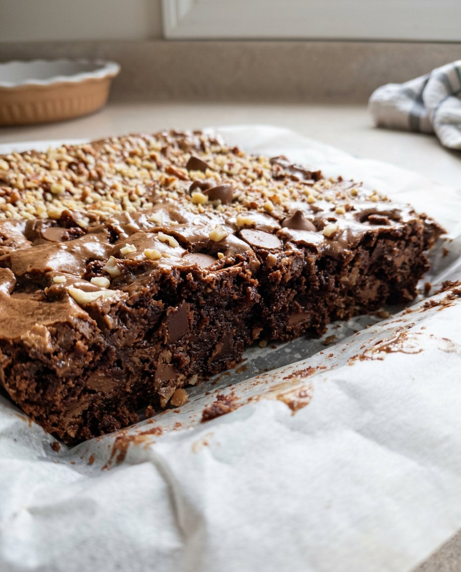 Close up of a brownie cake with a shiny crackly crust and chocolate chips