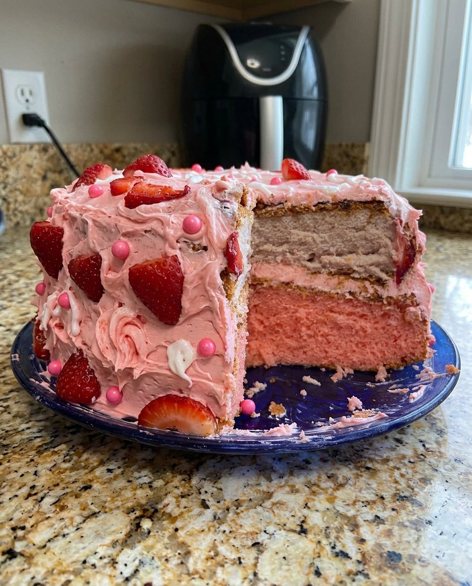 Strawberry Prosecco Cake 2 13 A close up of a pastry brush applying clear syrup to a poked cake sponge.
