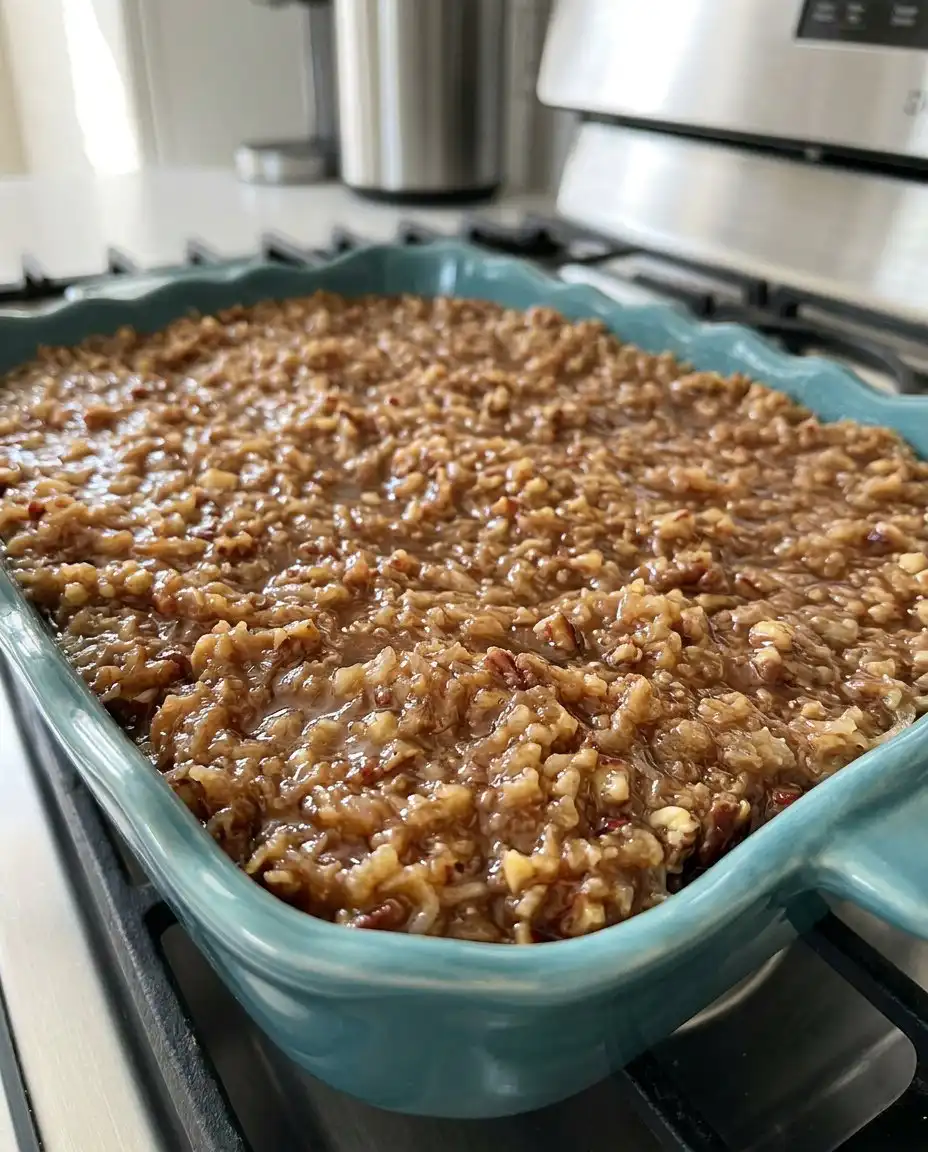 Oatmeal cake topping with coconut and nuts bubbling under the broiler