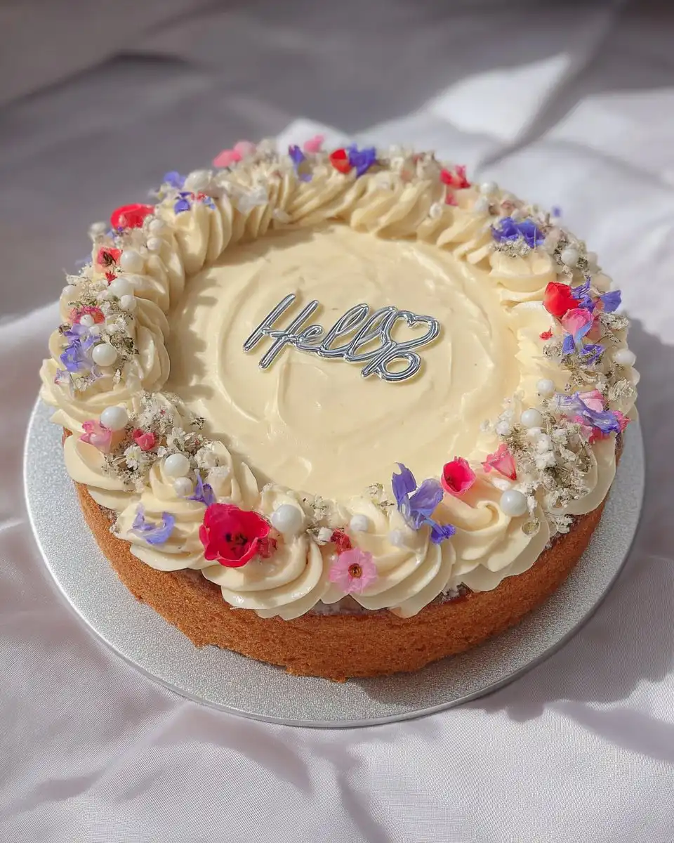 Close up of a hand piping delicate buttercream flowers onto a cake using a star tip.