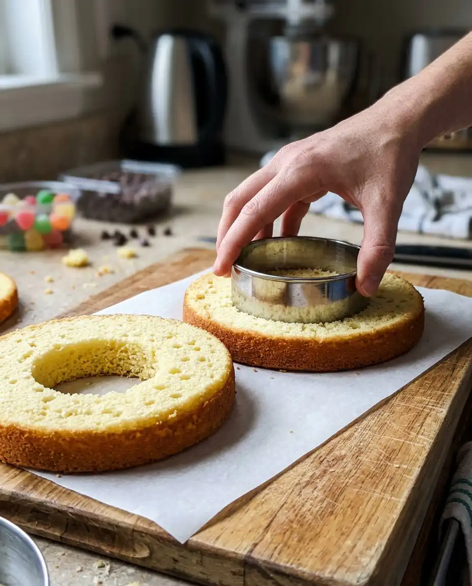 Applying a frosting dam to a cake layer to secure the candy filling.