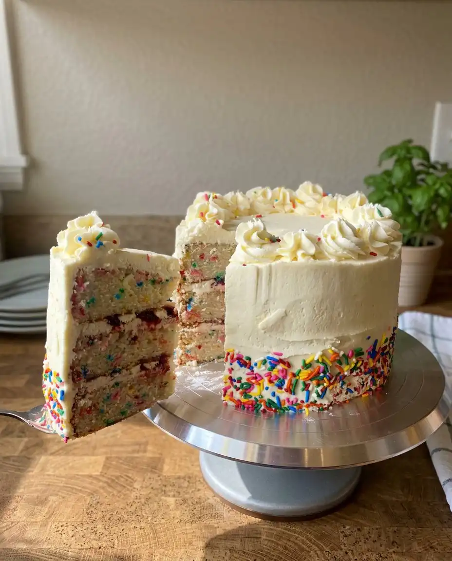 Funfetti Cake 12 High quality cake flour, butter, and rainbow jimmies arranged on a marble surface.