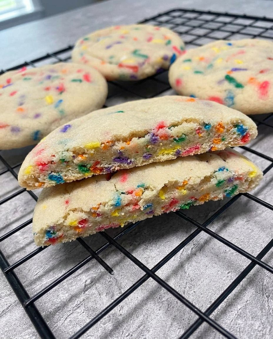 Close up of soft cake mix cookies showing the tender interior crumb