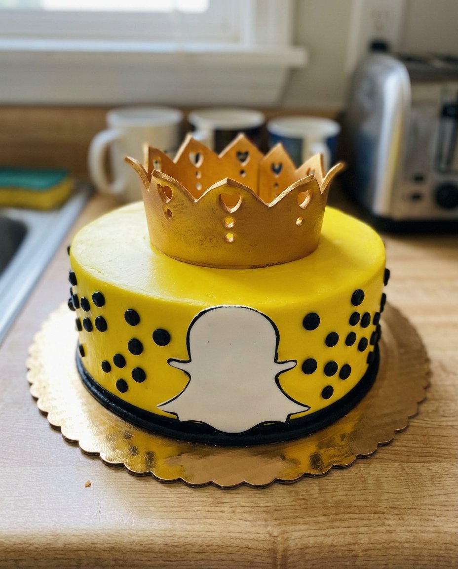 A finished layer cake with piped borders on a glass stand