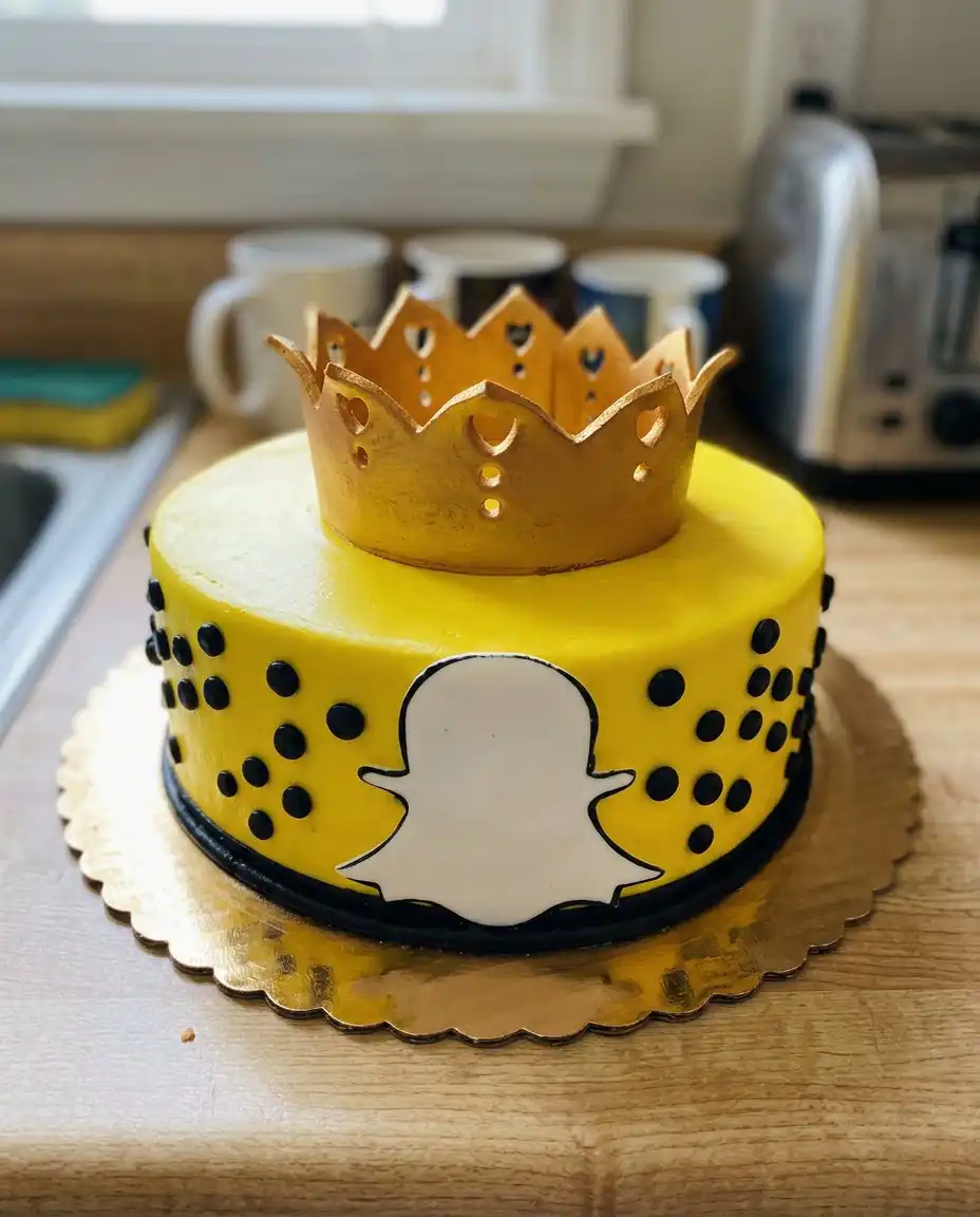 A finished layer cake with piped borders on a glass stand