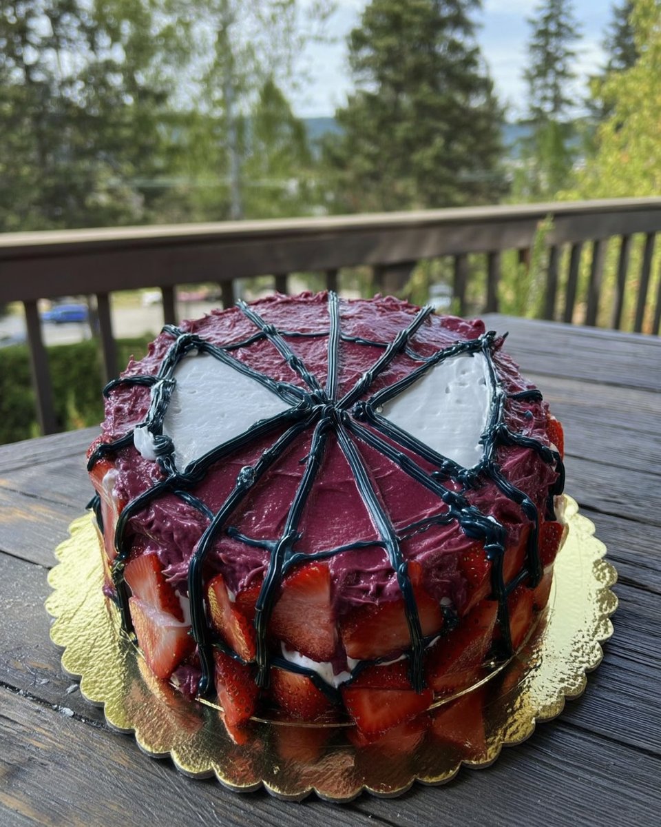 A vibrant blue Cake Spiderman with a red webbed mask on a clean white platter