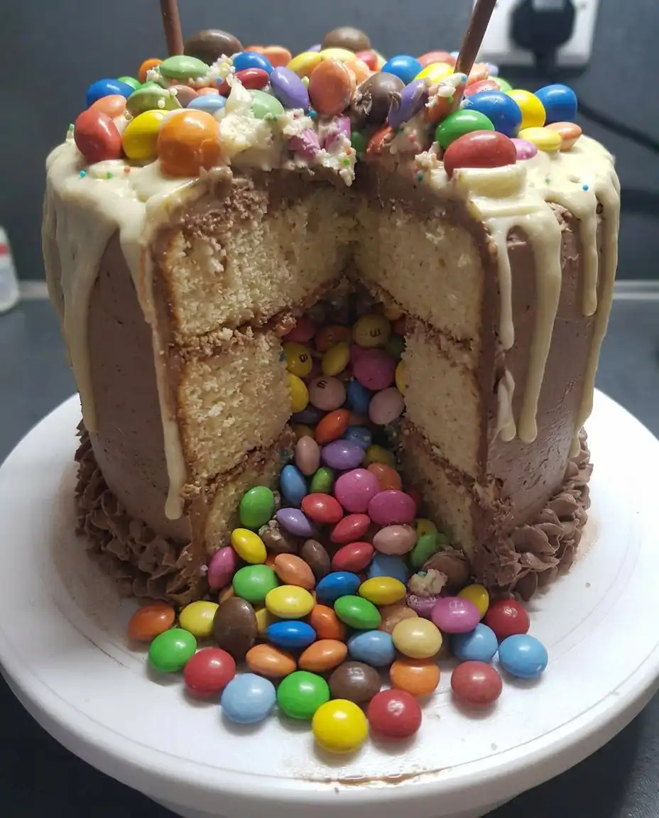 Ingredients for a candy cake including cake mix, eggs, oil, and various pastel candies.