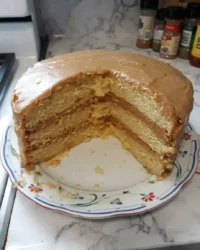 A close up of the moist velvet crumb of a caramel cake