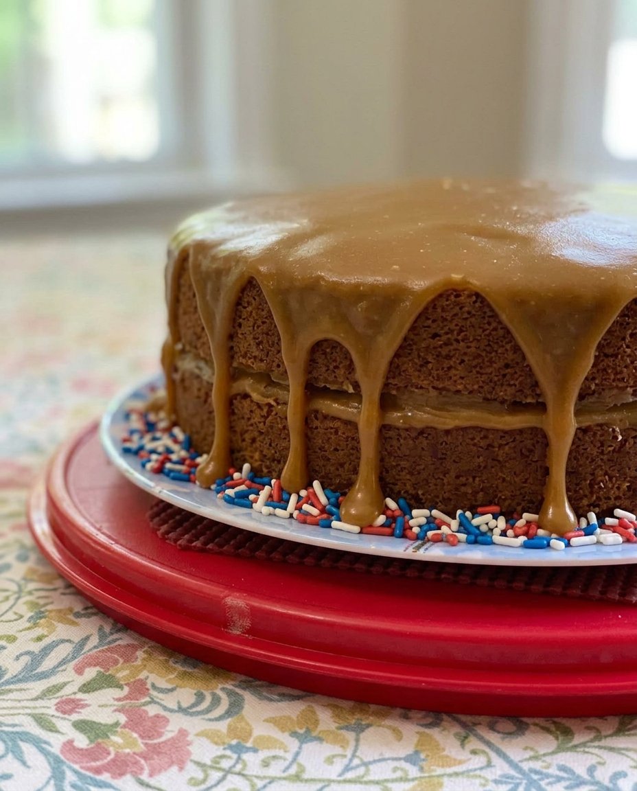 Caramel frosting bubbling in a heavy saucepan at a gentle boil