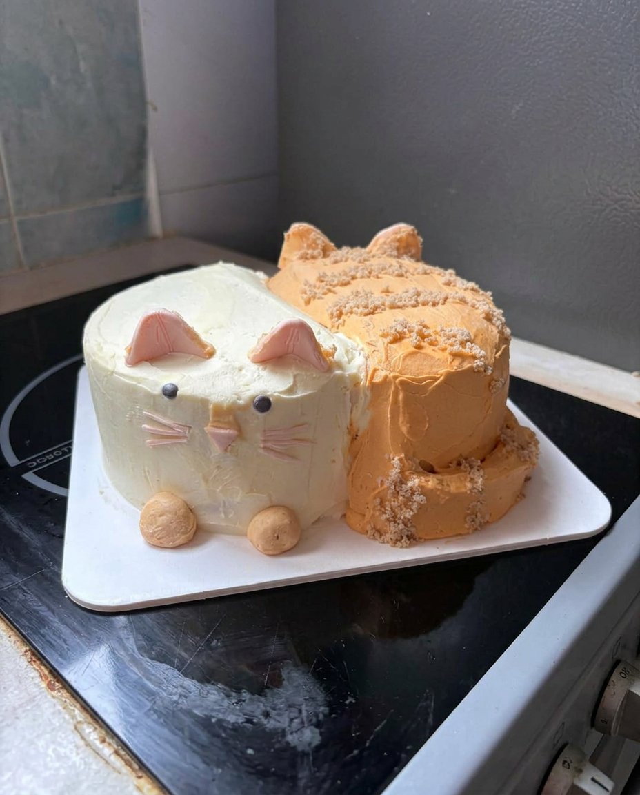 A close up of a moist chocolate cat cake with fluffy frosting