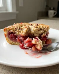 A close up of cherry dump cake showing golden crust and red cherry filling